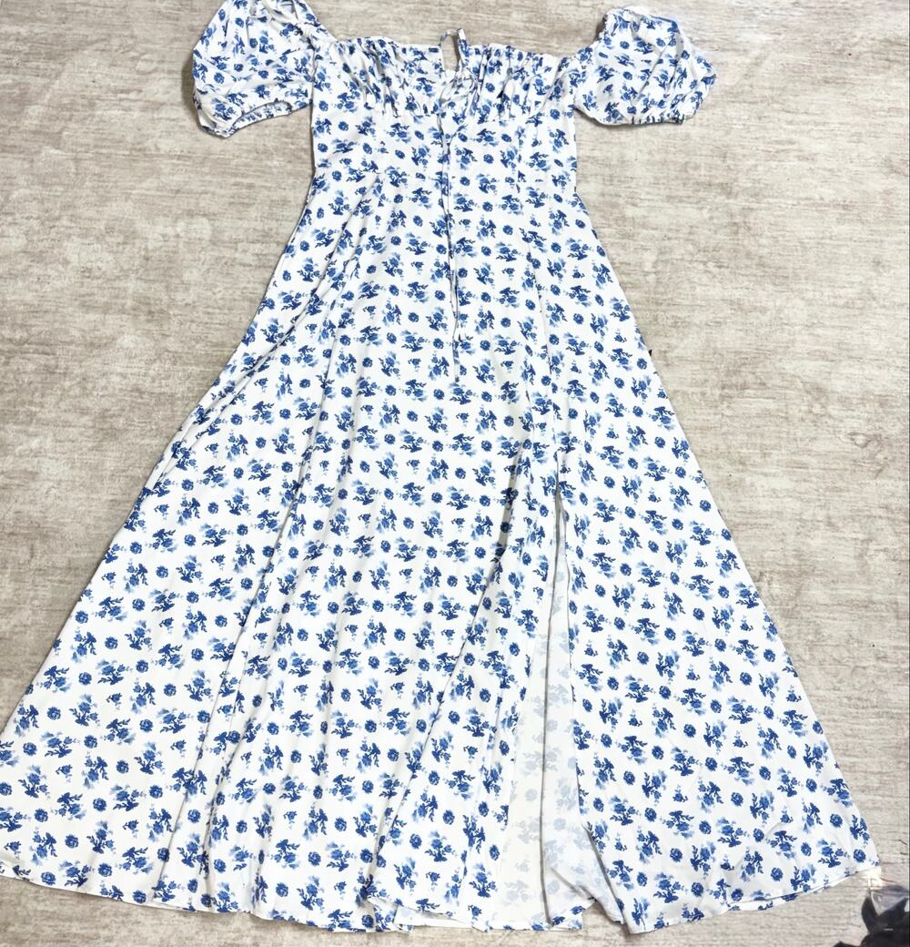 Kutumai Women Medium Blue White Floral Maxi Dress Off Shoulder Milk Maid Cottage